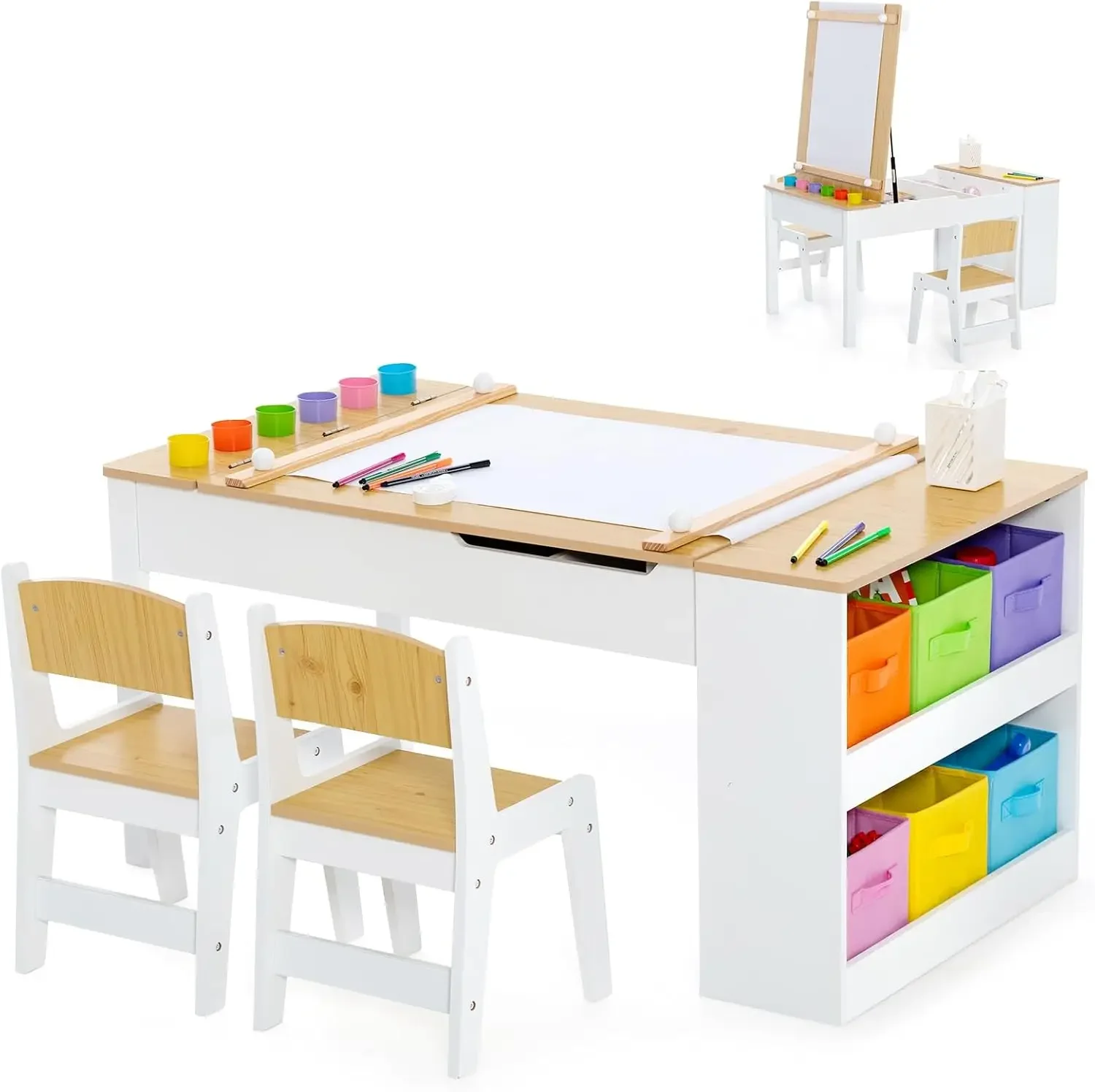 3 in 1 Kids Table and Chair Set, Wood Art Table & Easel Set with 2 Chairs, 6 Storage Bins, Paper Roller, Paint Cups for Draw