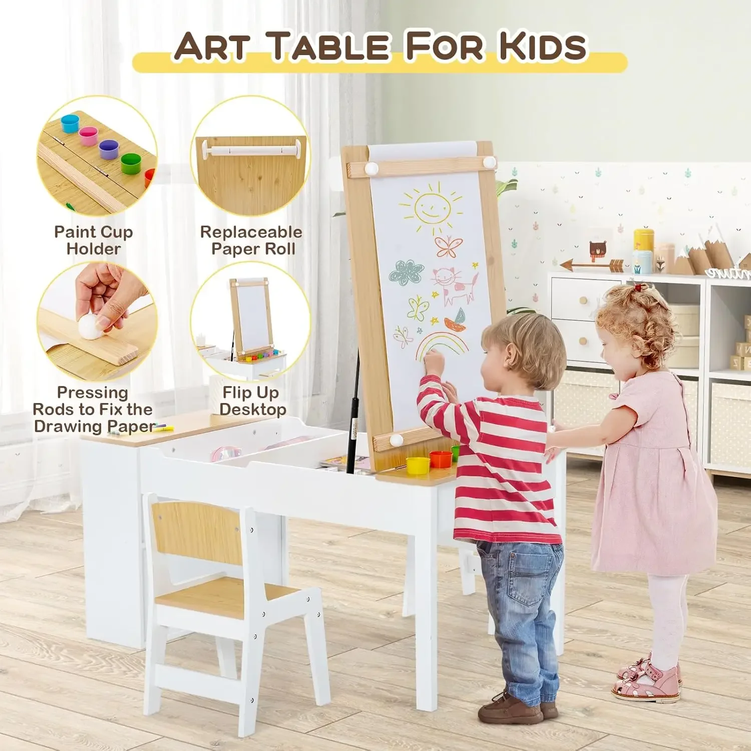 3 in 1 Kids Table and Chair Set, Wood Art Table & Easel Set with 2 Chairs, 6 Storage Bins, Paper Roller, Paint Cups for Draw