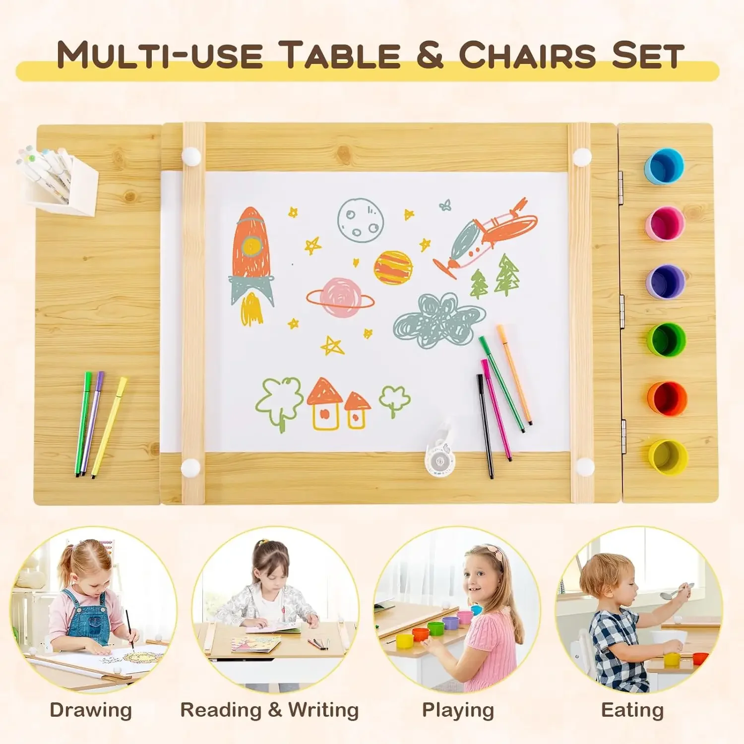 3 in 1 Kids Table and Chair Set, Wood Art Table & Easel Set with 2 Chairs, 6 Storage Bins, Paper Roller, Paint Cups for Draw