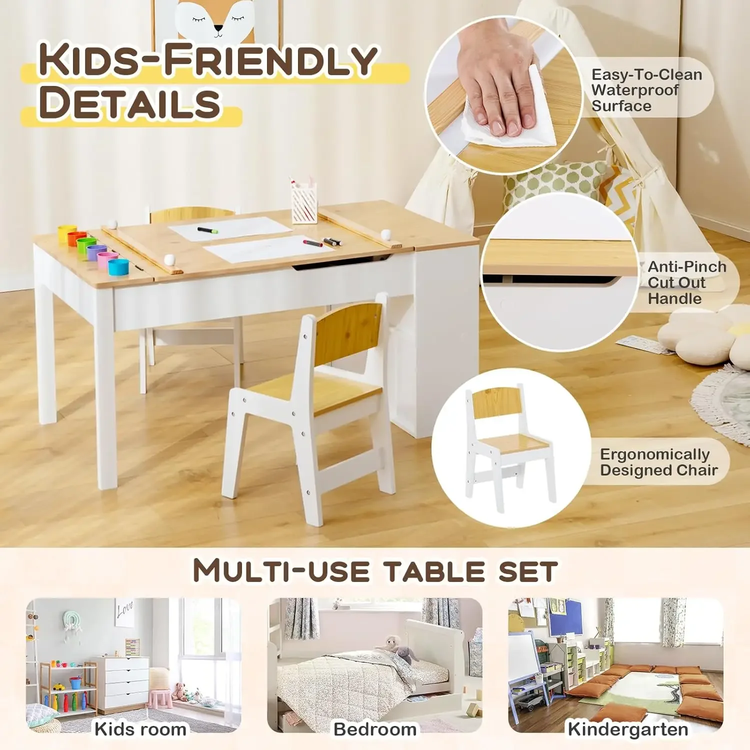 3 in 1 Kids Table and Chair Set, Wood Art Table & Easel Set with 2 Chairs, 6 Storage Bins, Paper Roller, Paint Cups for Draw