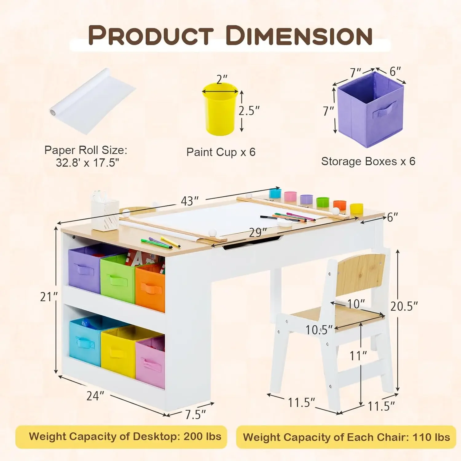 3 in 1 Kids Table and Chair Set, Wood Art Table & Easel Set with 2 Chairs, 6 Storage Bins, Paper Roller, Paint Cups for Draw