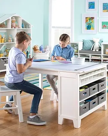 Kids' Art Table and Stool Set - Creamy White: Wooden Kids Play Table for Arts and Crafts | Craft Desk for Kids with Paint Cups,