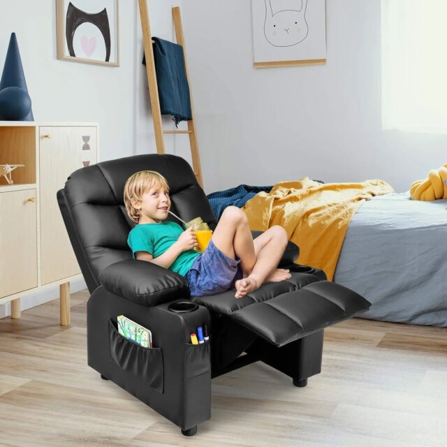 Kids Recliner Chair with Cup Holder, Adjustable Leather Lounge Chair w/Footrest & Side Pockets for Children Boys Girls Room, Erg - Image 2