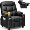 Kids Recliner Chair with Cup Holder, Adjustable Leather Lounge Chair w/Footrest & Side Pockets for Children Boys Girls Room, Erg