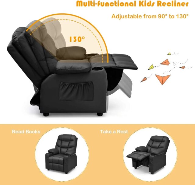 Kids Recliner Chair with Cup Holder, Adjustable Leather Lounge Chair w/Footrest & Side Pockets for Children Boys Girls Room, Erg - Image 6