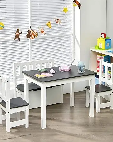 3 in 1 Kids Table and Chair Set, Wood Art Table & Easel Set with 2 Chairs, 6 Storage Bins, Paper Roller, Paint Cups for Draw