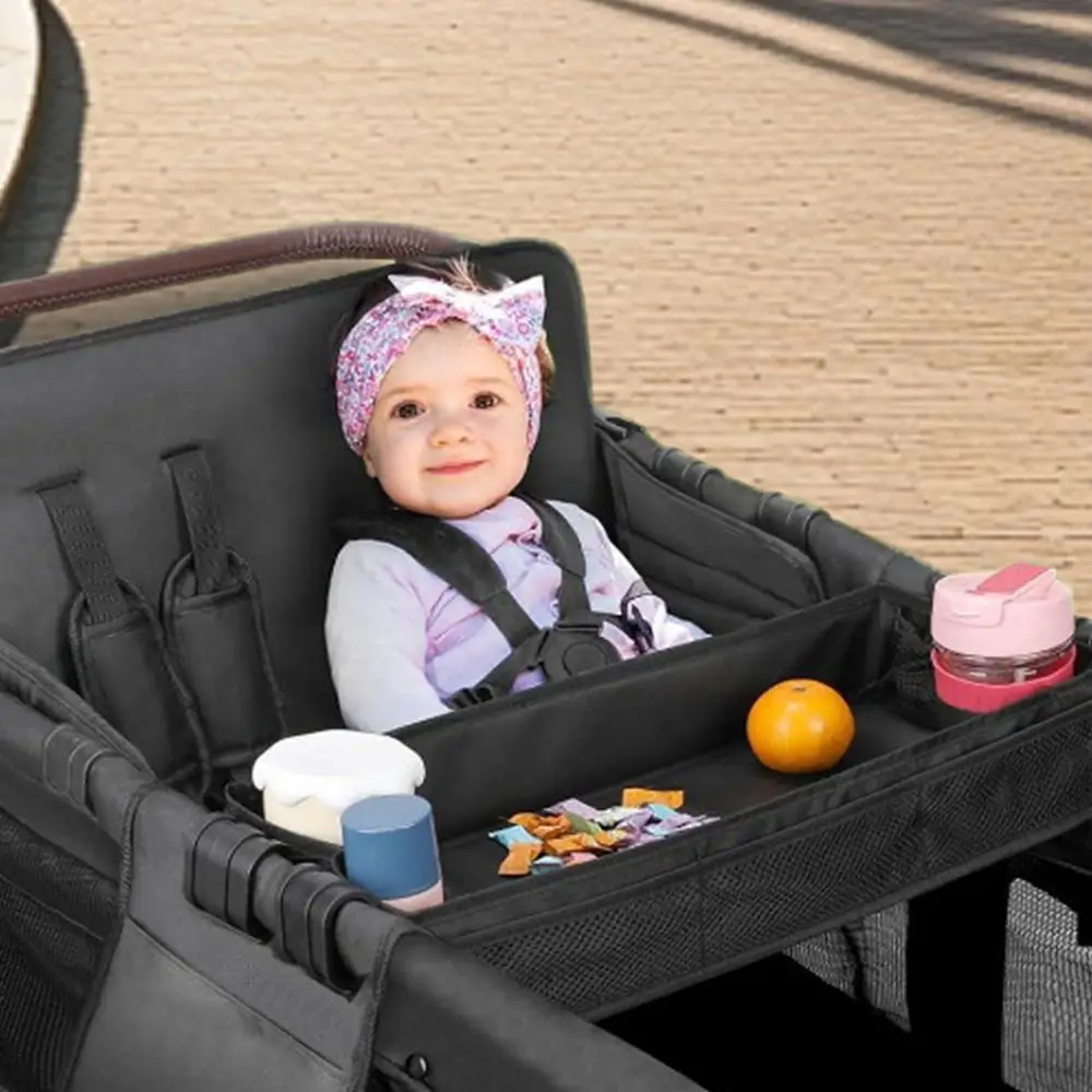 Snack Tray For Stroller Stroller Tray Attachment With Cup Holders Waterproof Faux Leather Side Cup Holders & Mesh Pockets For