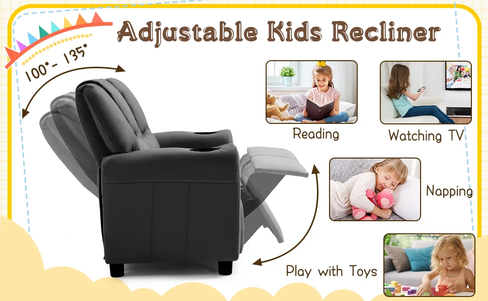 Kids Recliner Chair, Double PU Leather Kids Loveseat w/Cup Holder, Lounge Sofa Chair w/Adjustable Footrest & Headrest for Boys G