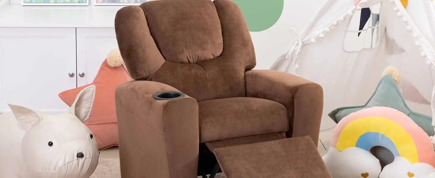 Back Kids Recliner Chair with Footrest & Cup Holders, Push Back Toddler Recliner with Cup Holder