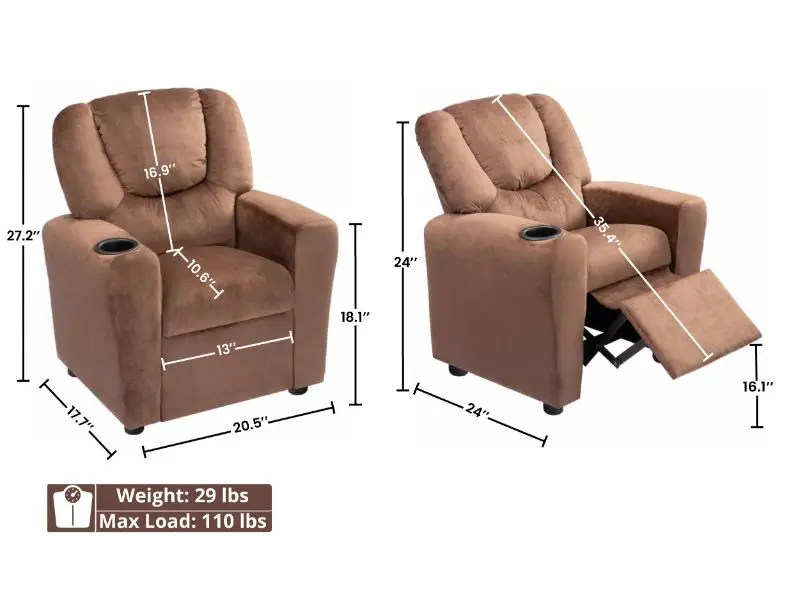 Back Kids Recliner Chair with Footrest & Cup Holders, Push Back Toddler Recliner with Cup Holder