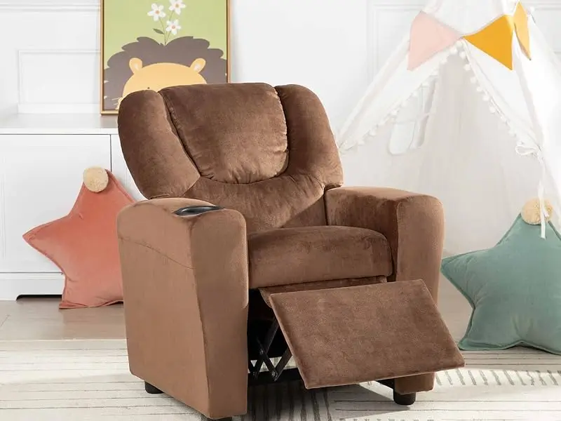 Back Kids Recliner Chair with Footrest & Cup Holders, Push Back Toddler Recliner with Cup Holder