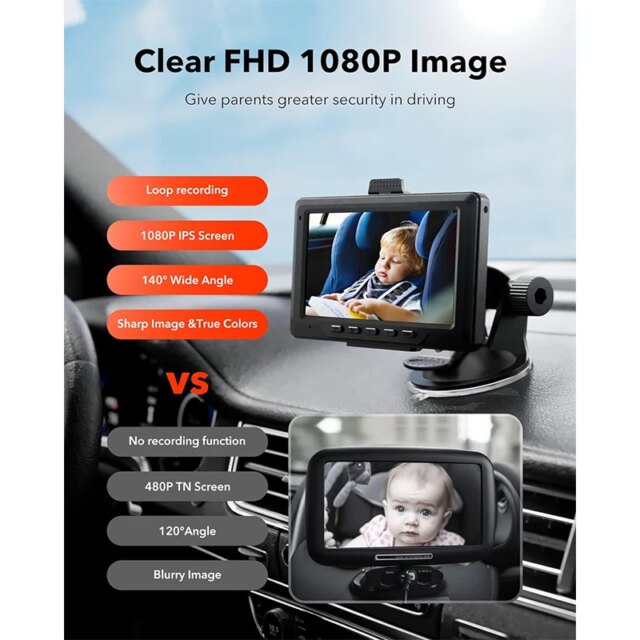 REDTIGER 4.4" Baby Car Camera 1080P HD Recording Full-Color Night Vision Infant Safety Car Seat Camera with 140° Wide Angle - Image 3