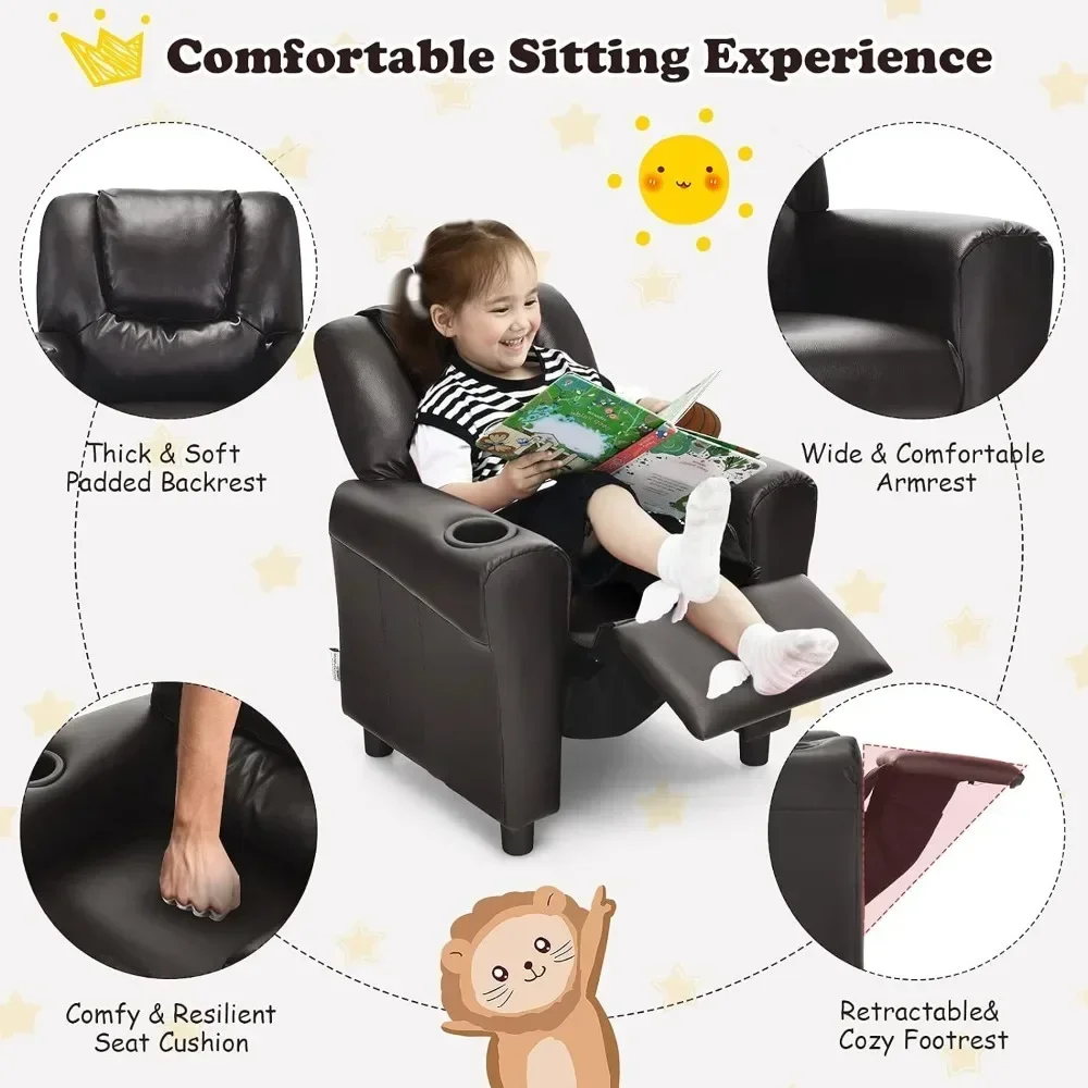 Children's lounge chair, children's armchair, padded sofa with cup holder,backrest,baby leather sofa with headrest and footstool