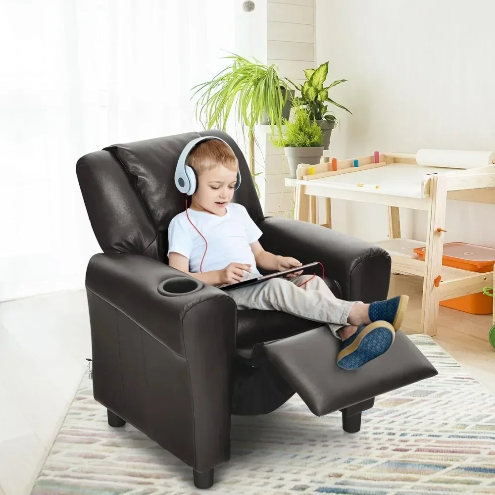 Children's lounge chair, children's armchair, padded sofa with cup holder,backrest,baby leather sofa with headrest and footstool