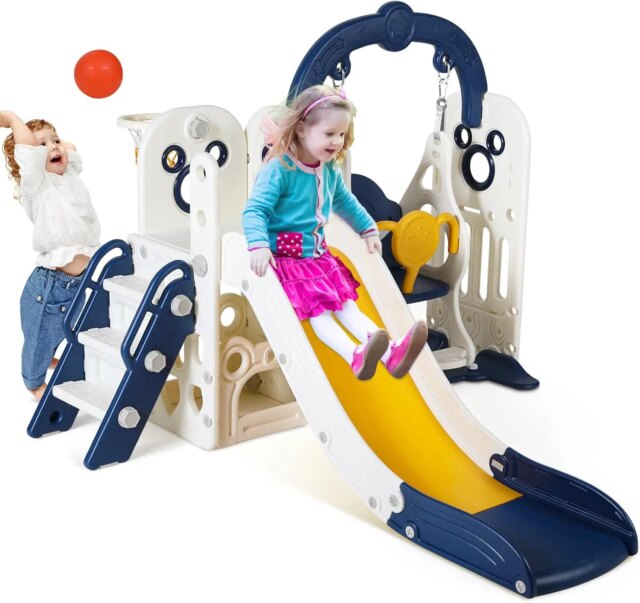 Swing Slide for Kids, 6 in 1 Slide Climber for Toddler, with Ball & Hoop, Storage Space, Suction Cup Reinforced Base, In/Outdoor - Image 2