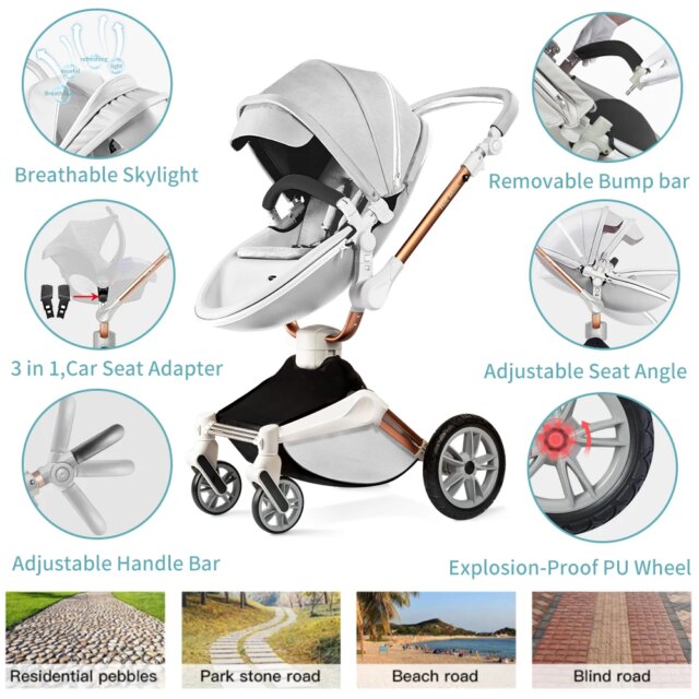 Hot Mom F023 Baby Stroller 2 in 1,Rotates 360 Degrees,PU Leather, Mosquito Net, Rain Cover, Adapter, Cup Holder, large wheels - Image 4