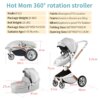 Hot Mom F023 Baby Stroller 2 in 1,Rotates 360 Degrees,PU Leather, Mosquito Net, Rain Cover, Adapter, Cup Holder, large wheels - Image 6