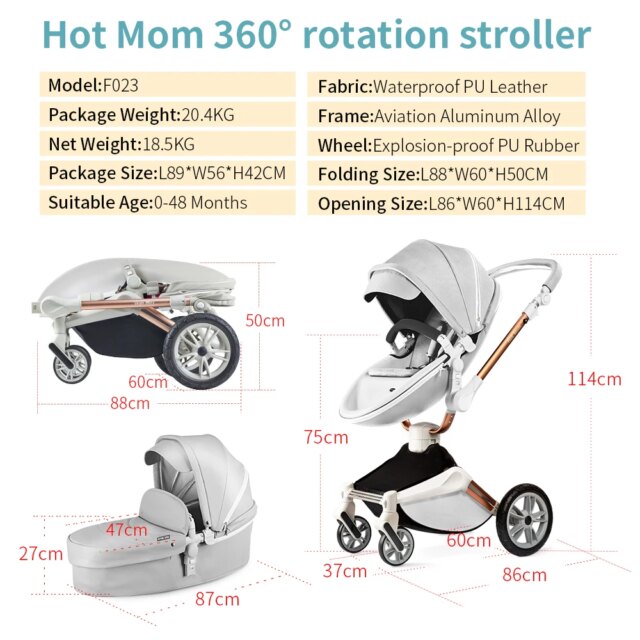 Hot Mom F023 Baby Stroller 2 in 1,Rotates 360 Degrees,PU Leather, Mosquito Net, Rain Cover, Adapter, Cup Holder, large wheels - Image 6