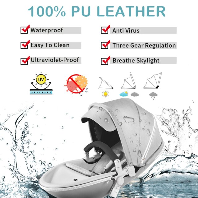 Hot Mom F023 Baby Stroller 2 in 1,Rotates 360 Degrees,PU Leather, Mosquito Net, Rain Cover, Adapter, Cup Holder, large wheels - Image 5