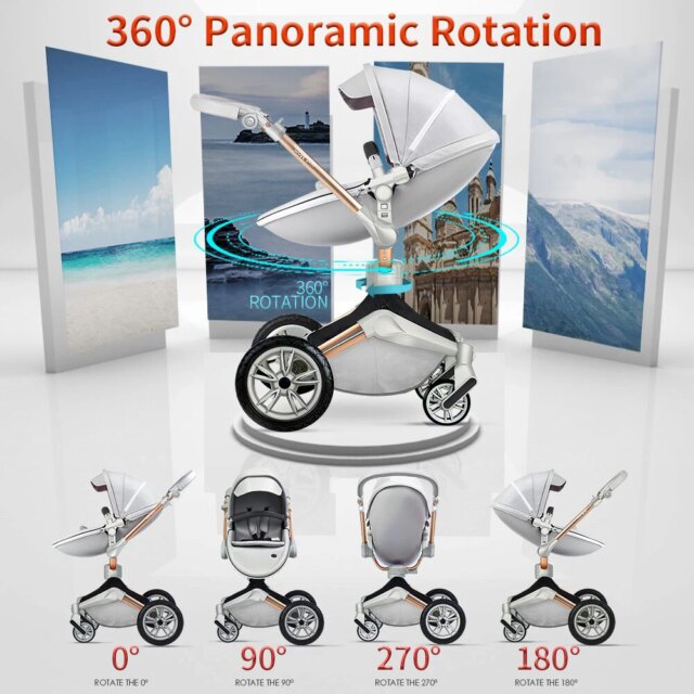 Hot Mom F023 Baby Stroller 2 in 1,Rotates 360 Degrees,PU Leather, Mosquito Net, Rain Cover, Adapter, Cup Holder, large wheels - Image 2