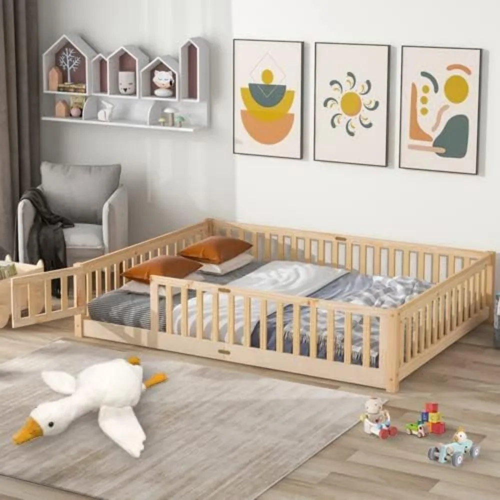 Children Beds-Twin Floor Bed for Children, Sturdy Wood Montessori Bed Frame with Wood Slats,High Fence & Small Door