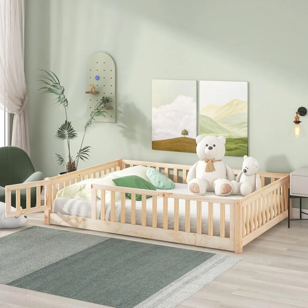 Children Beds-Twin Floor Bed for Children, Sturdy Wood Montessori Bed Frame with Wood Slats,High Fence & Small Door