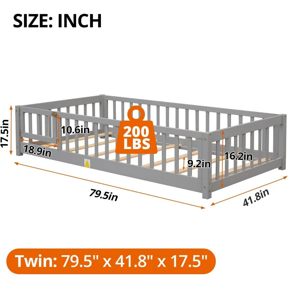 Children Beds-Twin Floor Bed for Children, Sturdy Wood Montessori Bed Frame with Wood Slats,High Fence & Small Door