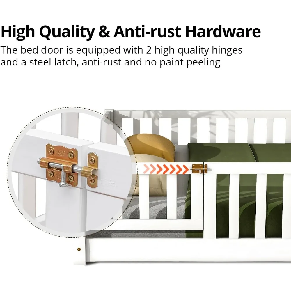 Children Beds-Twin Floor Bed for Children, Sturdy Wood Montessori Bed Frame with Wood Slats,High Fence & Small Door