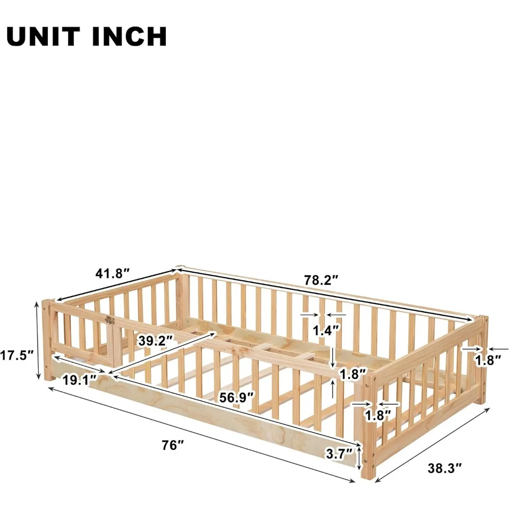 Children Beds-Twin Floor Bed for Children, Sturdy Wood Montessori Bed Frame with Wood Slats,High Fence & Small Door