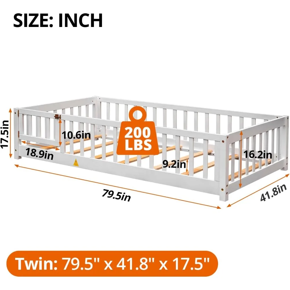 Children Beds-Twin Floor Bed for Children, Sturdy Wood Montessori Bed Frame with Wood Slats,High Fence & Small Door