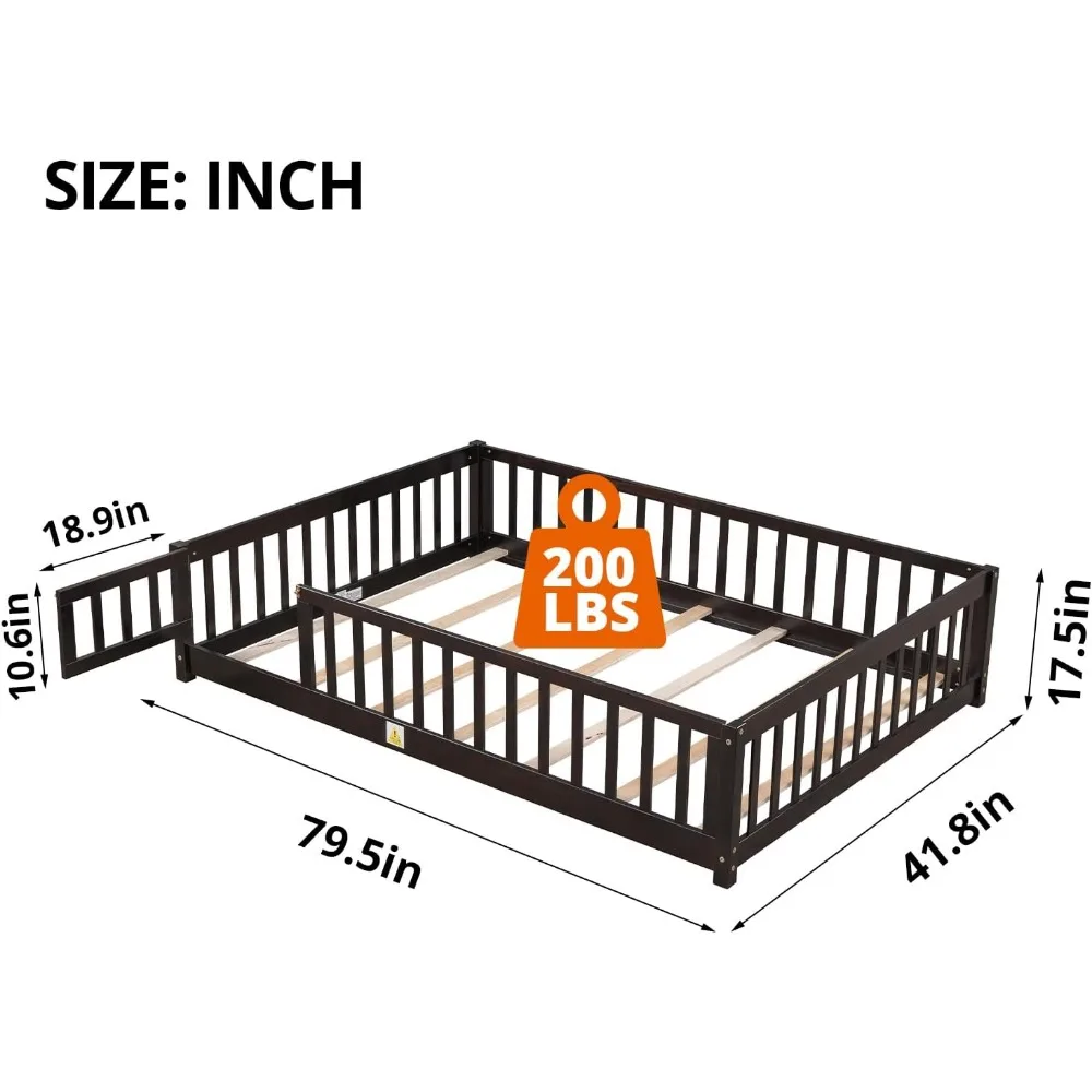 Children Beds-Twin Floor Bed for Children, Sturdy Wood Montessori Bed Frame with Wood Slats,High Fence & Small Door