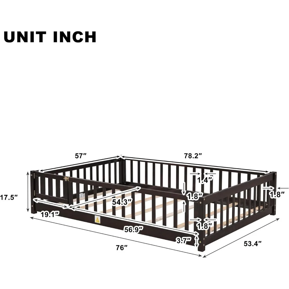 Children Beds-Twin Floor Bed for Children, Sturdy Wood Montessori Bed Frame with Wood Slats,High Fence & Small Door