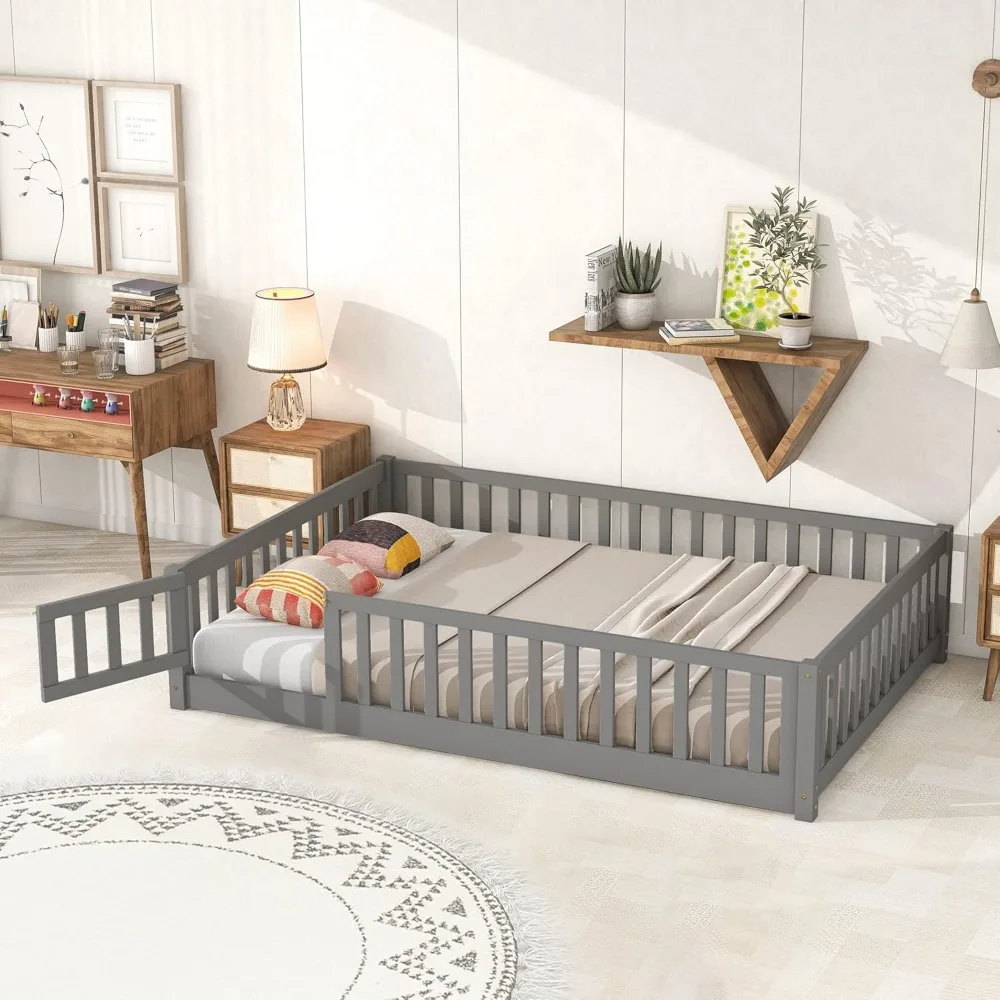 Children Beds-Twin Floor Bed for Children, Sturdy Wood Montessori Bed Frame with Wood Slats,High Fence & Small Door