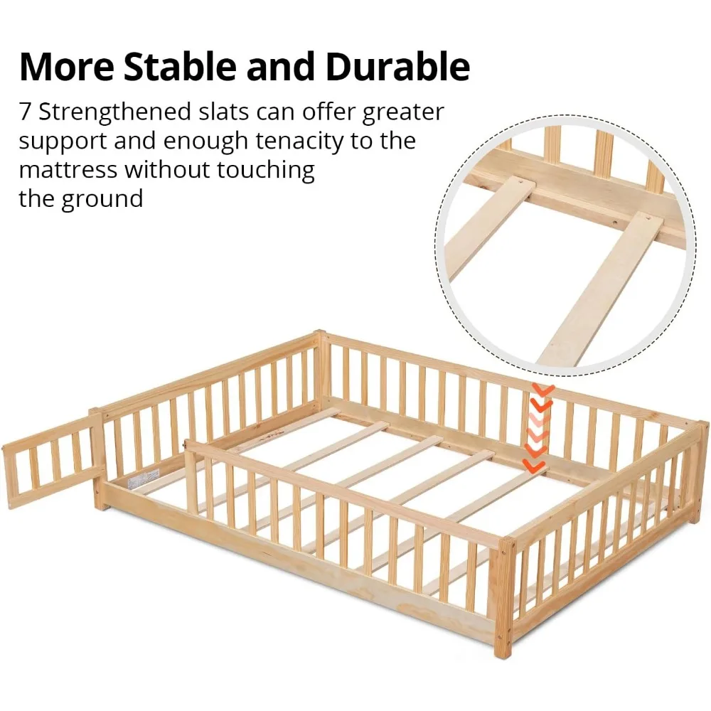 Children Beds-Twin Floor Bed for Children, Sturdy Wood Montessori Bed Frame with Wood Slats,High Fence & Small Door