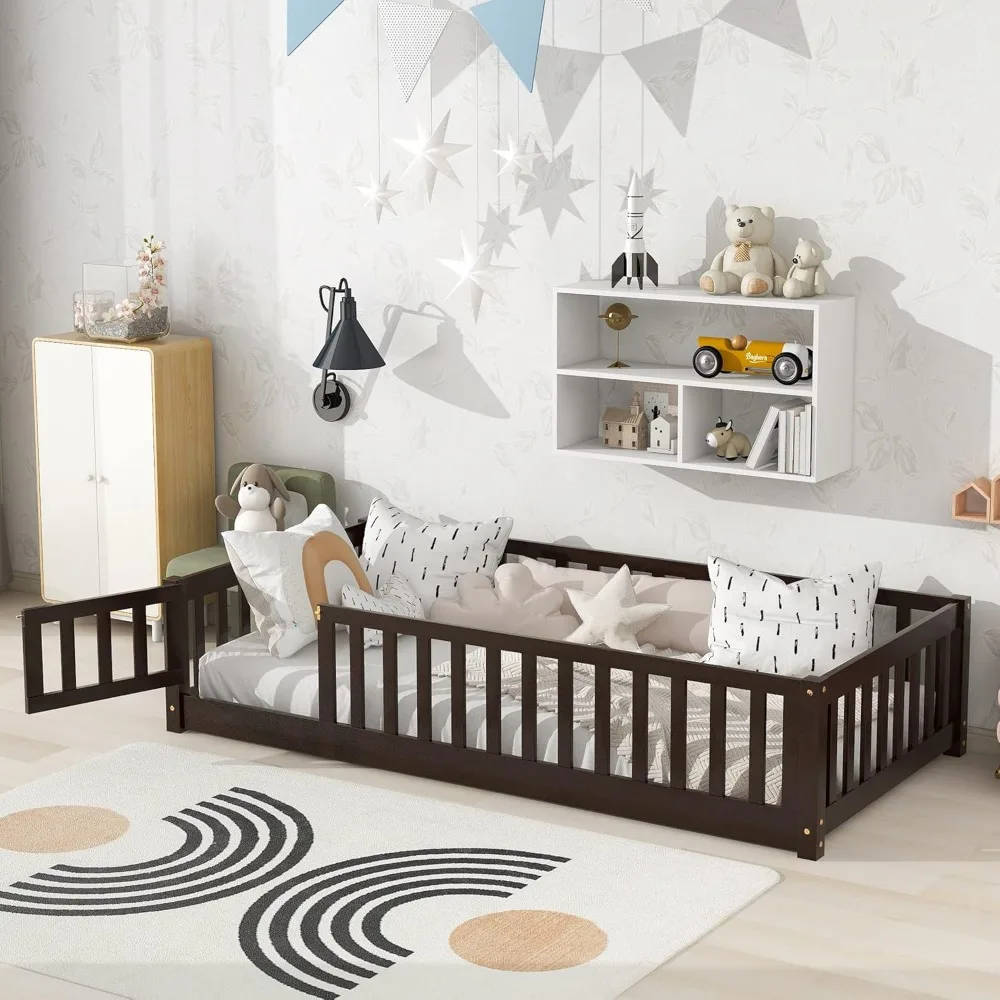 Children Beds-Twin Floor Bed for Children, Sturdy Wood Montessori Bed Frame with Wood Slats,High Fence & Small Door