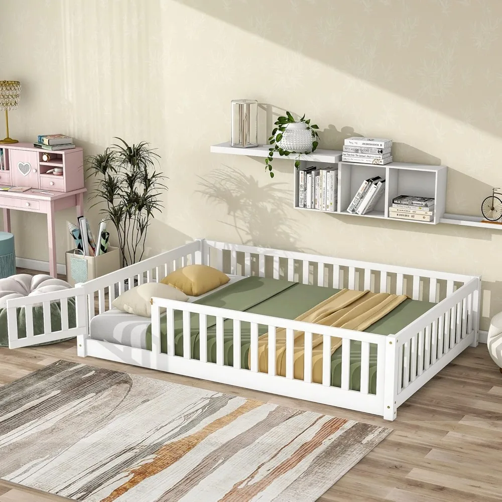 Children Beds-Twin Floor Bed for Children, Sturdy Wood Montessori Bed Frame with Wood Slats,High Fence & Small Door