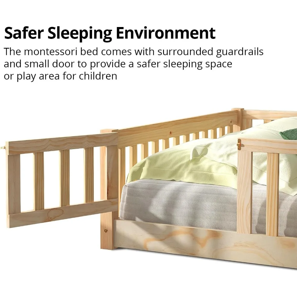 Children Beds-Twin Floor Bed for Children, Sturdy Wood Montessori Bed Frame with Wood Slats,High Fence & Small Door