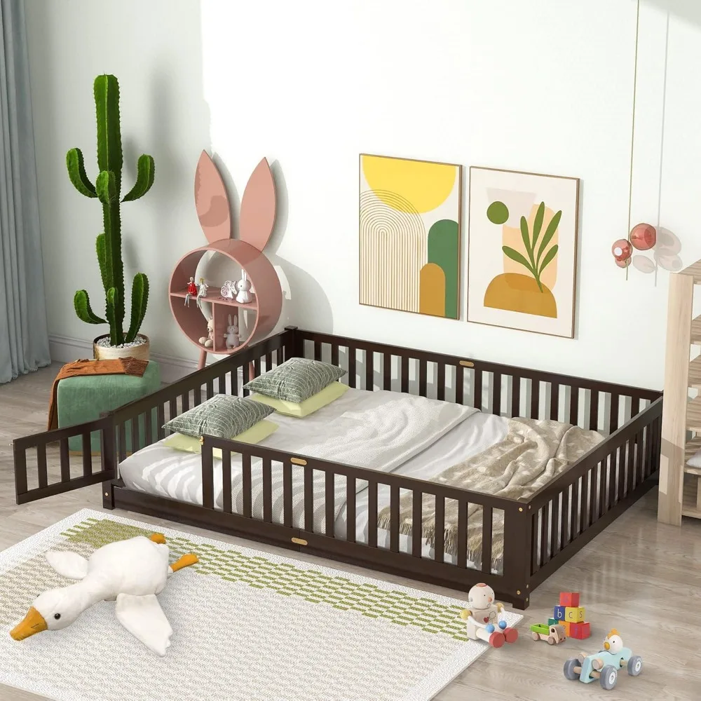 Children Beds-Twin Floor Bed for Children, Sturdy Wood Montessori Bed Frame with Wood Slats,High Fence & Small Door