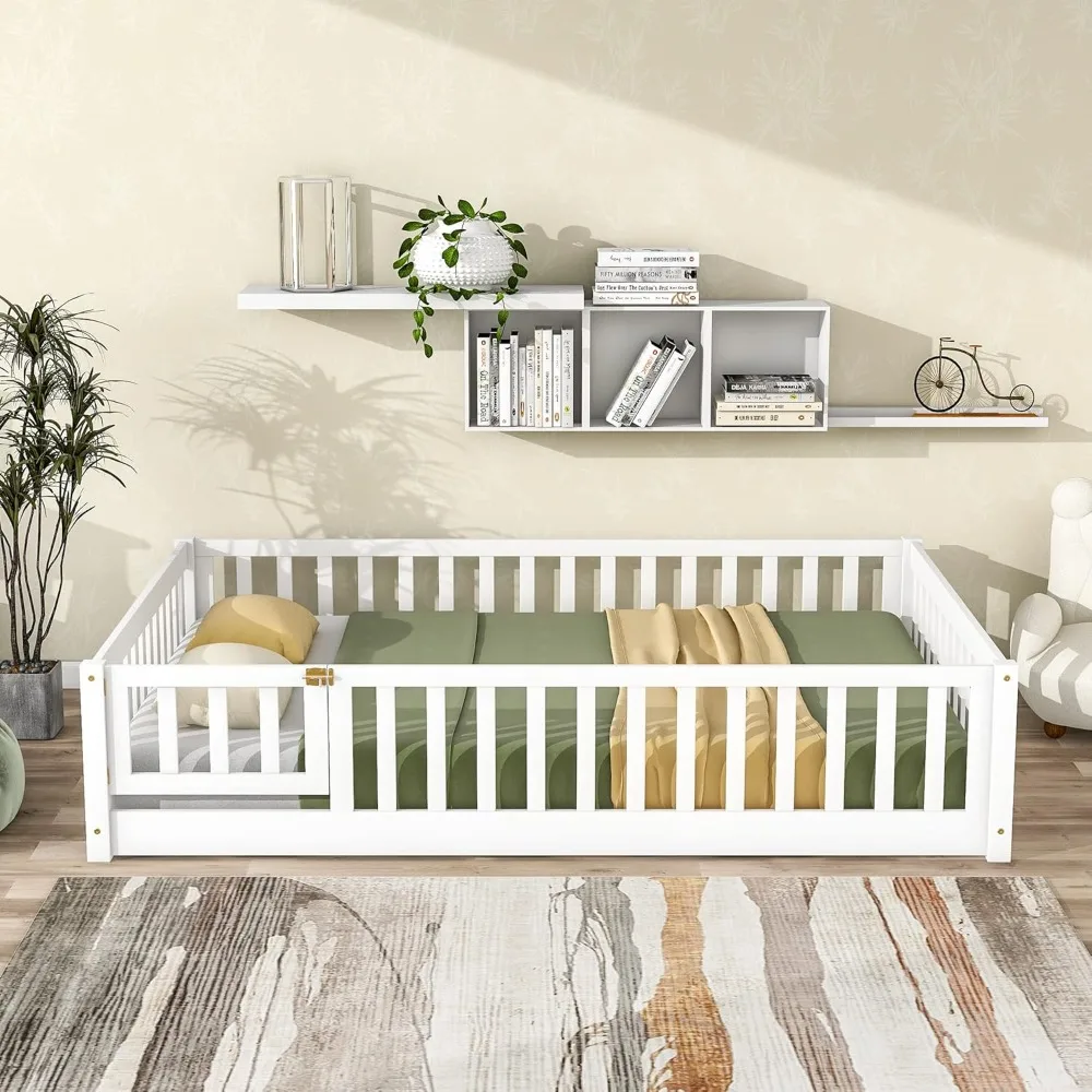 Children Beds-Twin Floor Bed for Children, Sturdy Wood Montessori Bed Frame with Wood Slats,High Fence & Small Door