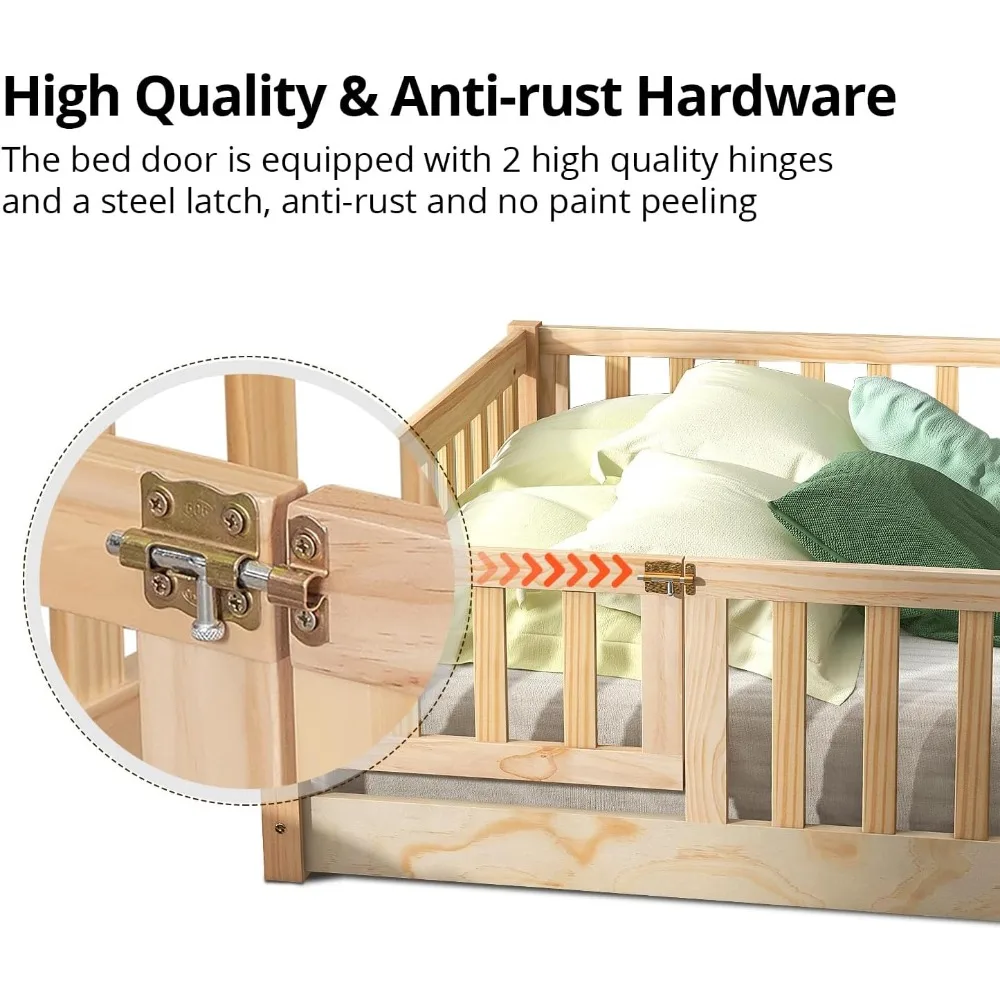 Children Beds-Twin Floor Bed for Children, Sturdy Wood Montessori Bed Frame with Wood Slats,High Fence & Small Door