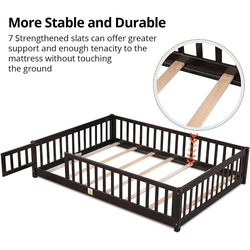 Children Beds-Twin Floor Bed for Children, Sturdy Wood Montessori Bed Frame with Wood Slats,High Fence & Small Door