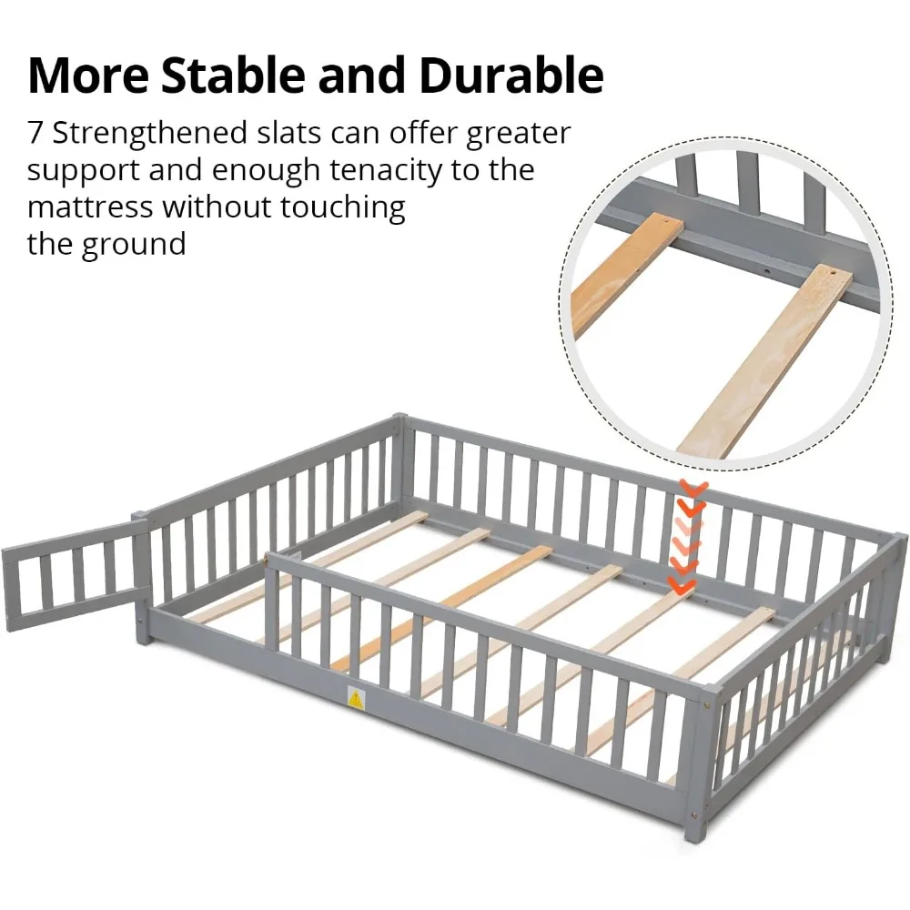 Children Beds-Twin Floor Bed for Children, Sturdy Wood Montessori Bed Frame with Wood Slats,High Fence & Small Door