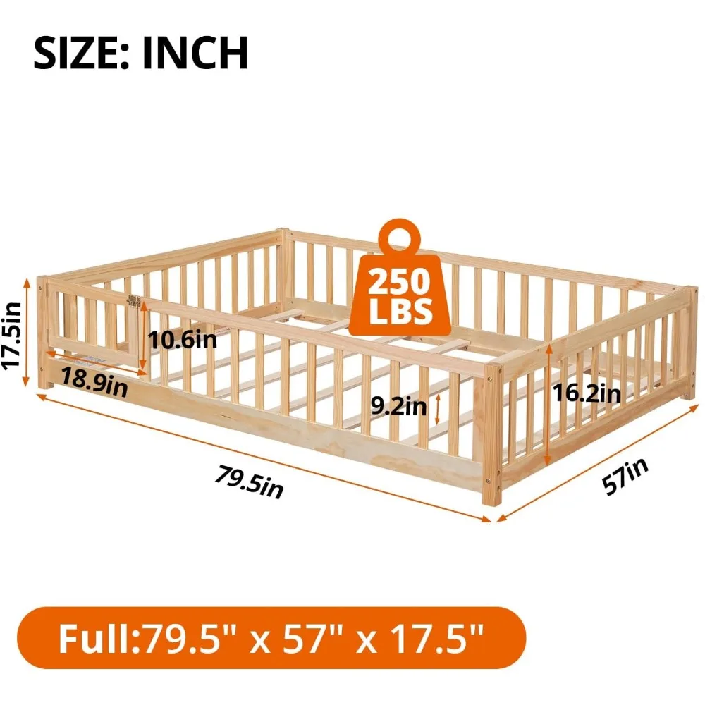 Children Beds-Twin Floor Bed for Children, Sturdy Wood Montessori Bed Frame with Wood Slats,High Fence & Small Door