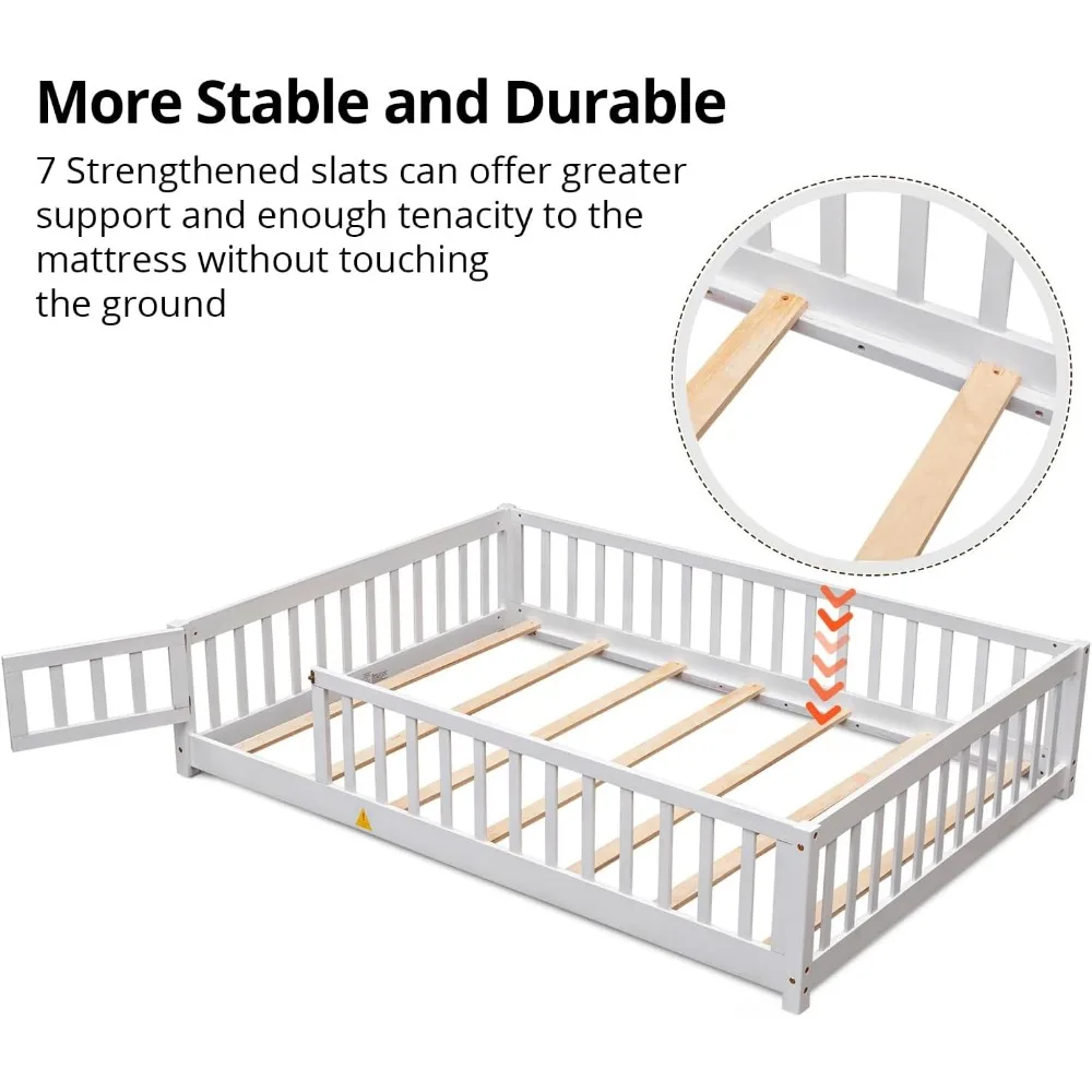 Children Beds-Twin Floor Bed for Children, Sturdy Wood Montessori Bed Frame with Wood Slats,High Fence & Small Door