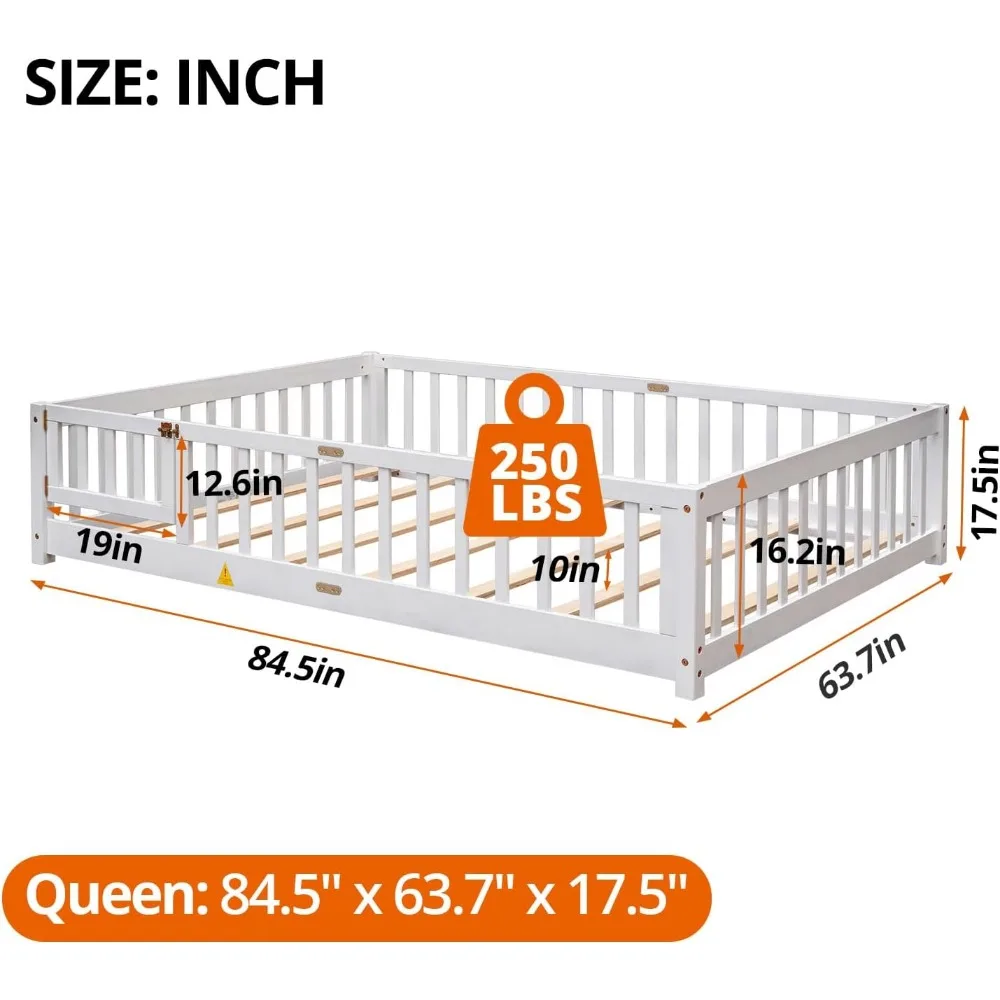 Children Beds-Twin Floor Bed for Children, Sturdy Wood Montessori Bed Frame with Wood Slats,High Fence & Small Door