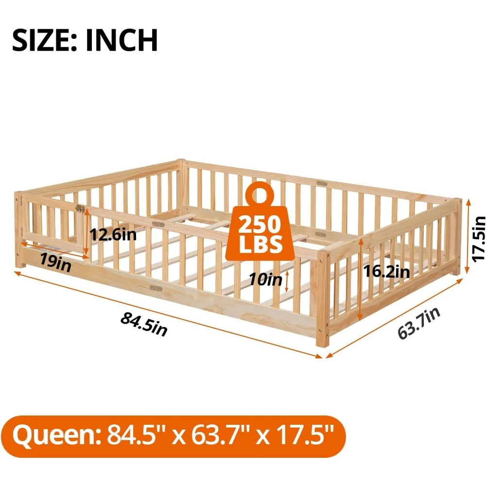 Children Beds-Twin Floor Bed for Children, Sturdy Wood Montessori Bed Frame with Wood Slats,High Fence & Small Door