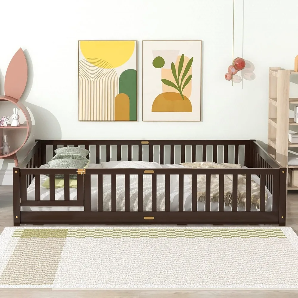 Children Beds-Twin Floor Bed for Children, Sturdy Wood Montessori Bed Frame with Wood Slats,High Fence & Small Door