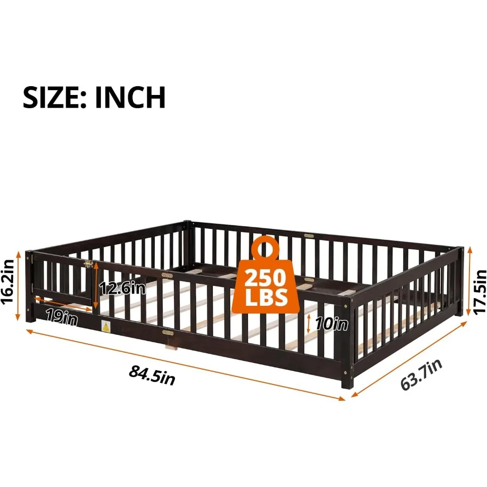 Children Beds-Twin Floor Bed for Children, Sturdy Wood Montessori Bed Frame with Wood Slats,High Fence & Small Door