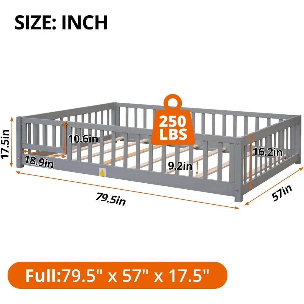 Children Beds-Twin Floor Bed for Children, Sturdy Wood Montessori Bed Frame with Wood Slats,High Fence & Small Door