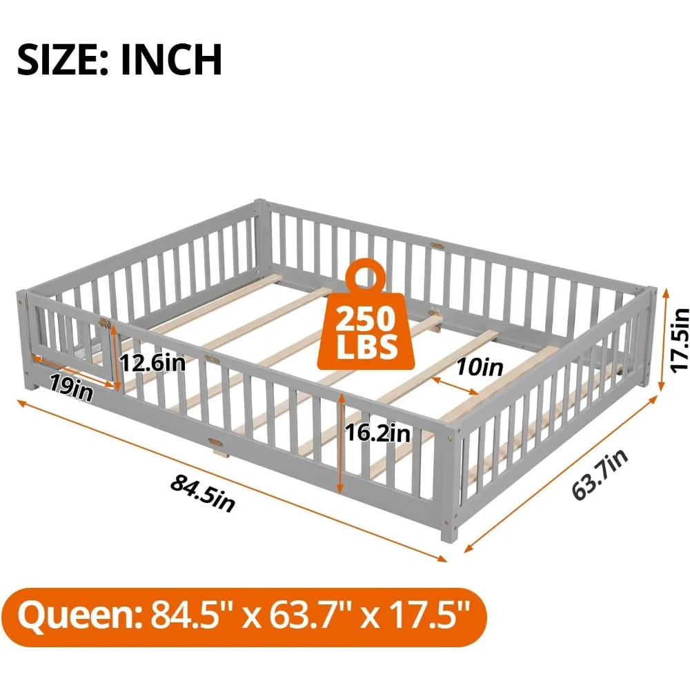 Children Beds-Twin Floor Bed for Children, Sturdy Wood Montessori Bed Frame with Wood Slats,High Fence & Small Door